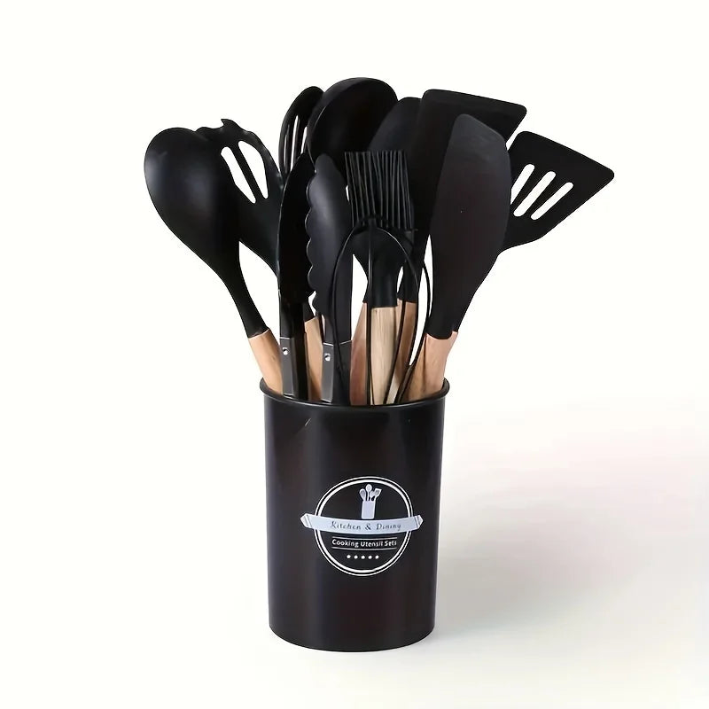 Silicone Kitchen Utensil Set with Wooden Handles Cooking & Baking Tools Including Non-Stick Spatula, Ladle, Whisk & Storage Rack
