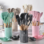 Silicone Kitchen Utensils Set with Wooden Handle Non-stick Kitchen Utensils Spade Shovel Egg Cookware Blenders 12 Uds