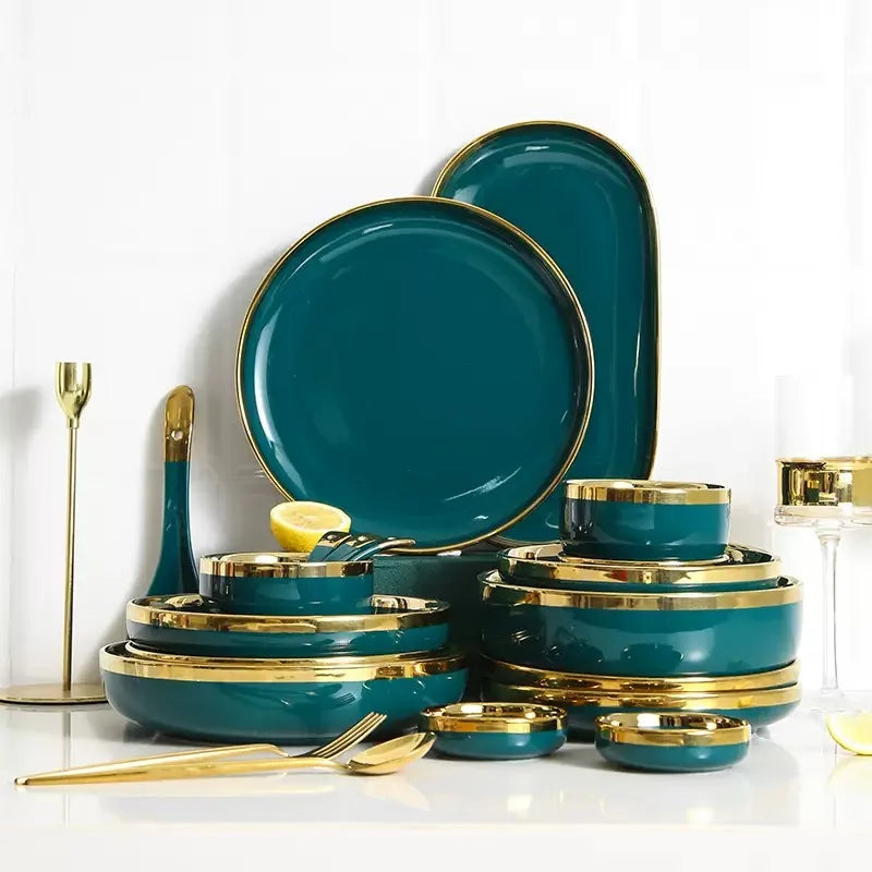 Luxury Forest Green Ceramic Dinnerware Set Include Shallow Plates Rice Soup Bowls Fish Dish And Spoon