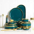 Luxury Forest Green Ceramic Dinnerware Set Include Shallow Plates Rice Soup Bowls Fish Dish And Spoon