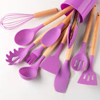 12pcs, Silicone Utensil Set, Khaki Kitchen Utensil Set With Wooden Handle, Safety Cooking Utensils Set, Non-Stick Kitchen Tools