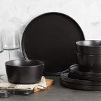 16-piece ceramic tableware set, 4-piece set, black plate and bowl tableware set, dishwasher-cleaned, microwaveable, black matte
