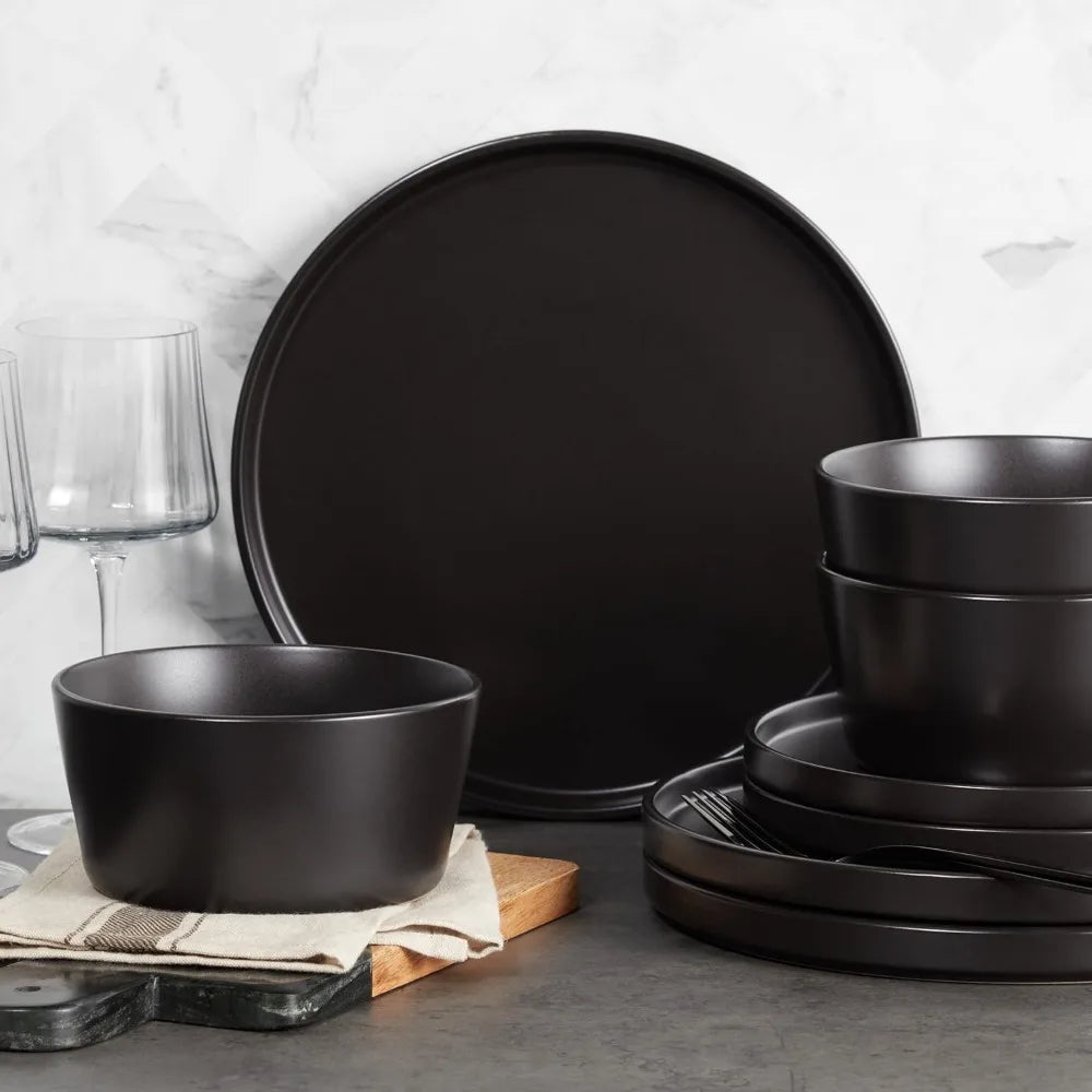16-piece ceramic tableware set, 4-piece set, black plate and bowl tableware set, dishwasher-cleaned, microwaveable, black matte