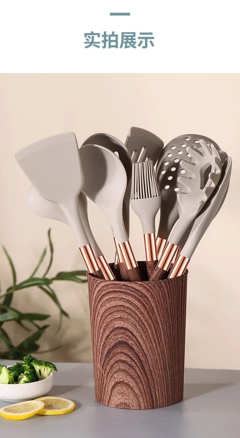 Kitchen Utensils Silicone Cooking Utensils Kitchenware, Gold-plated Wood Grain Handle, Spatula, SpoonsCooking Pots Set
