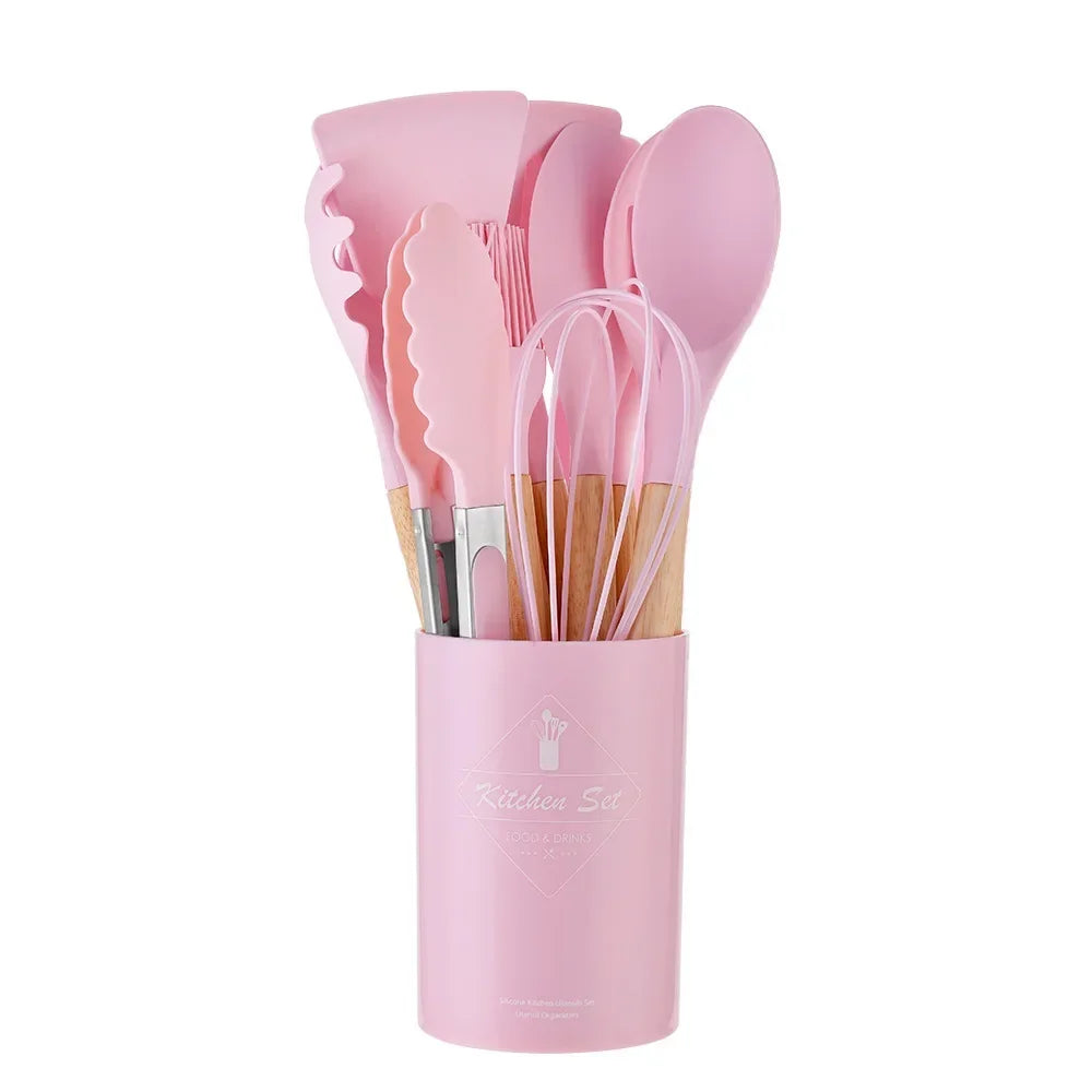 Silicone Kitchen Utensils Set with Wooden Handle Non-stick Kitchen Utensils Spade Shovel Egg Cookware Blenders 12 Uds