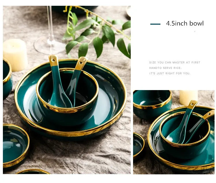 Luxury Forest Green Ceramic Dinnerware Set Include Shallow Plates Rice Soup Bowls Fish Dish And Spoon
