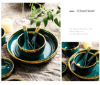 Luxury Forest Green Ceramic Dinnerware Set Include Shallow Plates Rice Soup Bowls Fish Dish And Spoon