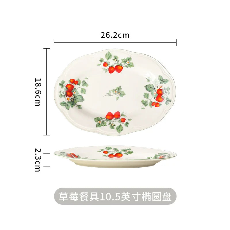 Retro Strawberry Dinner Plate and Bowl Set Decorative Ceramic Salad Dessert Plate Curry Pasta Dish Crockery Dinnerware Set