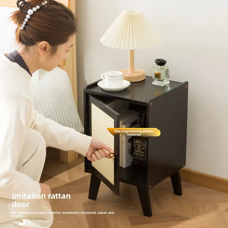 Solid wood bedside table Small apartment sofa side cabinet Rattan edge few storage locker corner few small cabinets