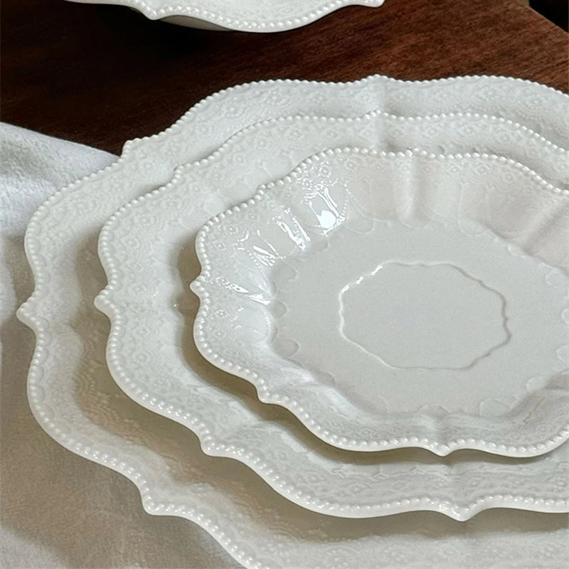 Ceramic Plates Dinner Sets Elegant White Western Food Dishes Steak Paglio Salad Plate Embossed Party Tableware Cup and Saucer