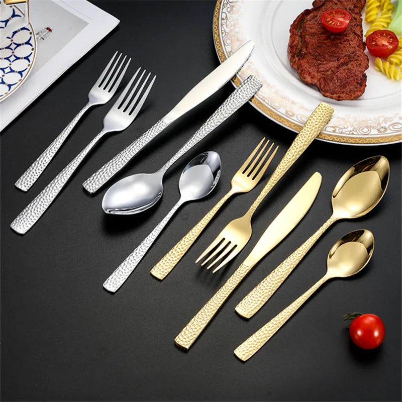 Gold Plated Stainless Steel Cutlery Sets Hotel Decorative Tableware Knife Fork Spoon Tespoon Hammered Utensils for Kitchen