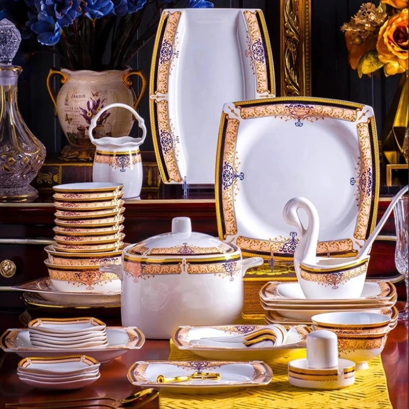 Luxury Ceramic Modern Dinnerware Set Microwaveable Gold Elegant European Style Wedding Dinnerware Party Hotel Vaisselle Gift