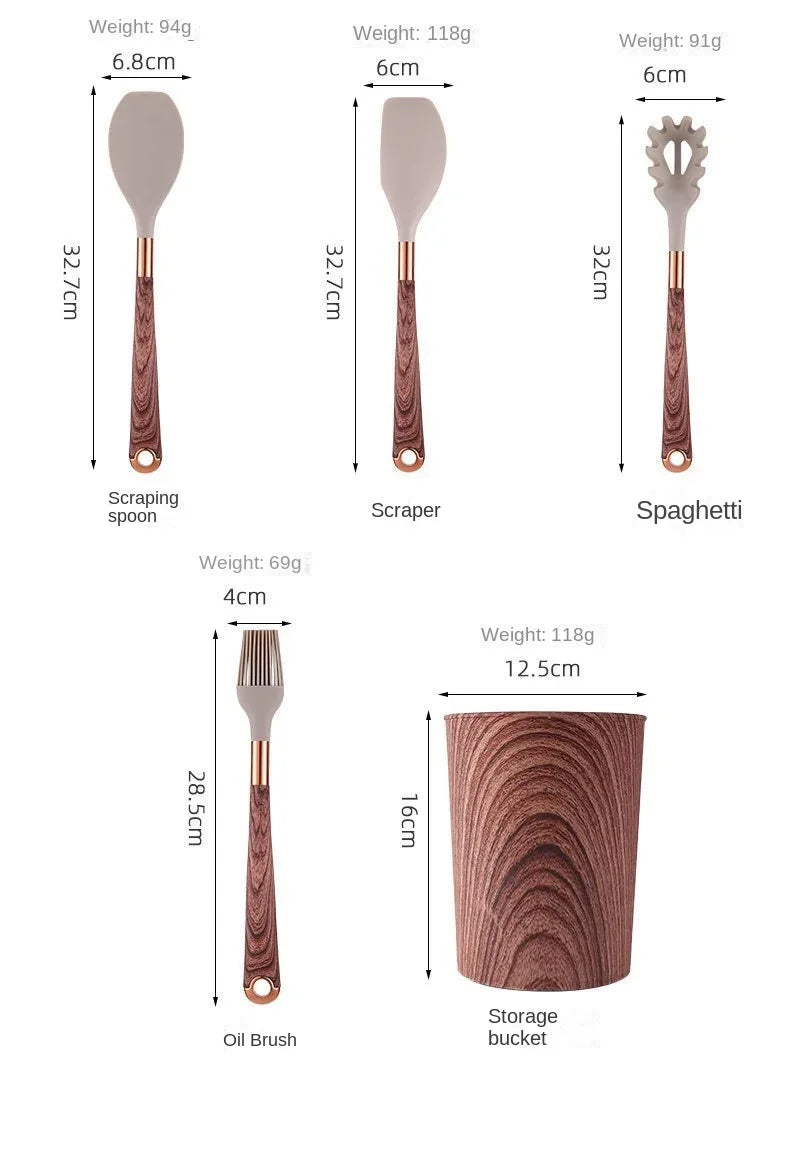 Kitchen Utensils Silicone Cooking Utensils Kitchenware, Gold-plated Wood Grain Handle, Spatula, SpoonsCooking Pots Set
