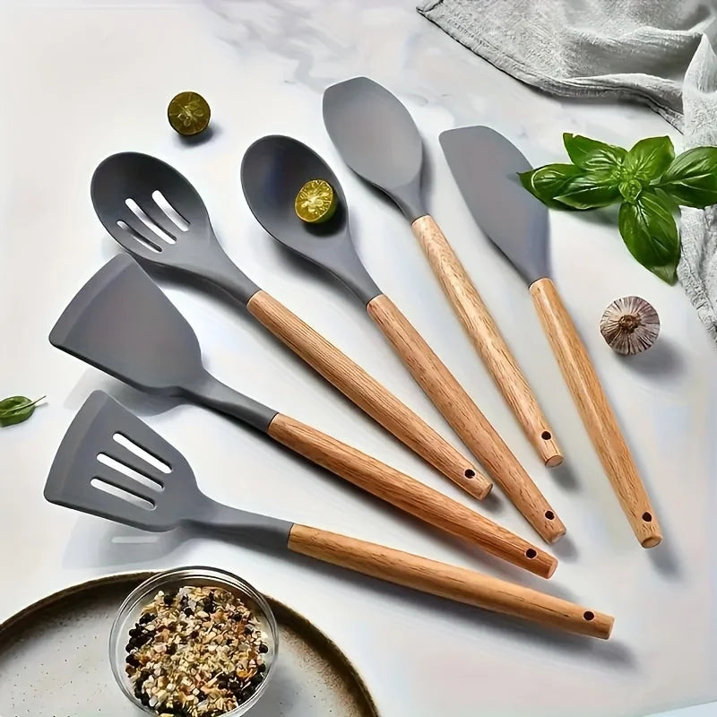Silicone Kitchen Utensil Set with Wooden Handles Cooking & Baking Tools Including Non-Stick Spatula, Ladle, Whisk & Storage Rack