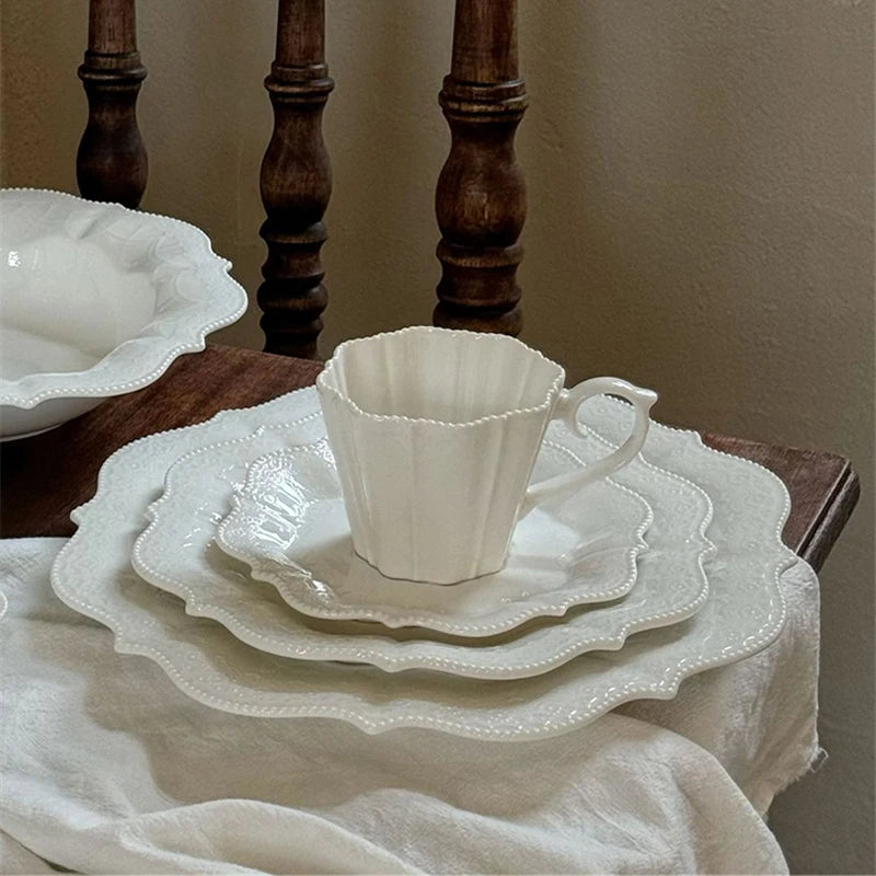 Ceramic Plates Dinner Sets Elegant White Western Food Dishes Steak Paglio Salad Plate Embossed Party Tableware Cup and Saucer