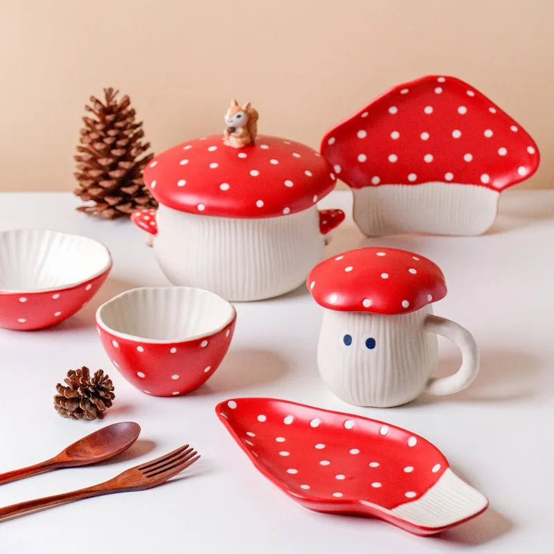 Red Mushroom ceramic Coffee Mug Dinner Plates Noodle Bowls Salad Bowls Teapot Cakepan Afternoon Tea Party Gift for Girl
