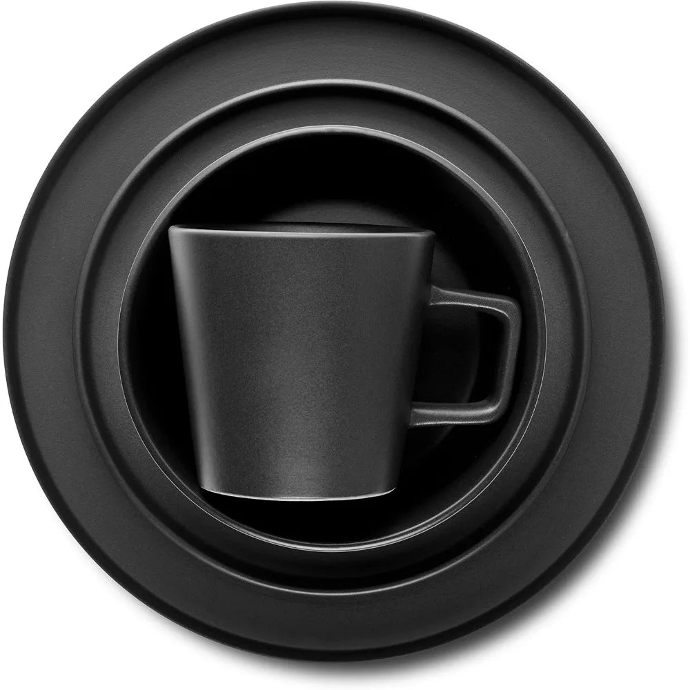 16-piece ceramic tableware set, 4-piece set, black plate and bowl tableware set, dishwasher-cleaned, microwaveable, black matte