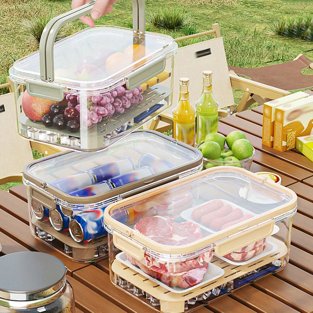 Portable Food Storage Container Large Capacity Airtight Freshness Box with Drain Plate for Outdoor Picnic Camping Use