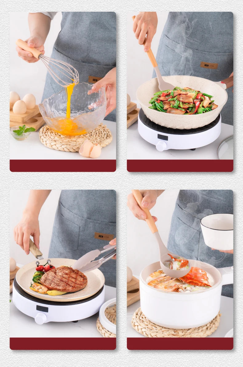 12pcs, Silicone Utensil Set, Khaki Kitchen Utensil Set With Wooden Handle, Safety Cooking Utensils Set, Non-Stick Kitchen Tools