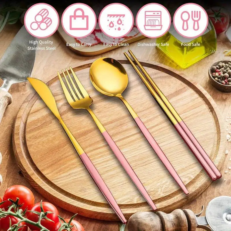 Stainless Steel Cutlery Set With Storage Box 4 Counts Portable Tableware Set For Home Kitchen Dining Room Household Tableware