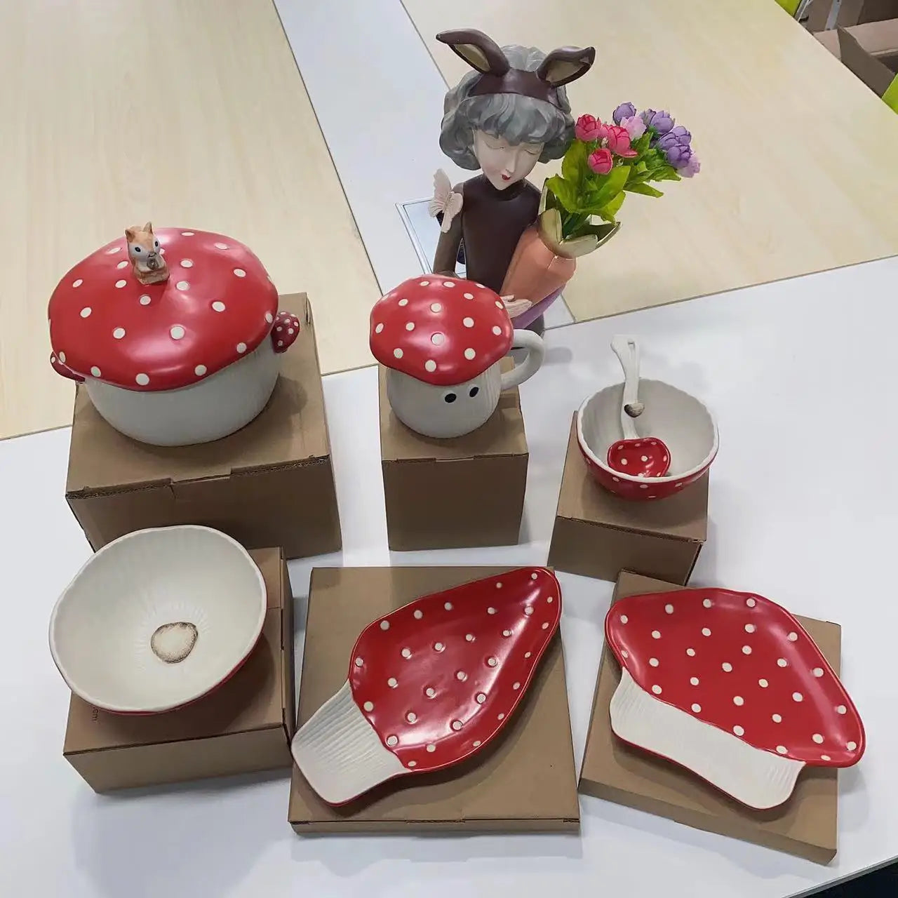 Red Mushroom ceramic Coffee Mug Dinner Plates Noodle Bowls Salad Bowls Teapot Cakepan Afternoon Tea Party Gift for Girl