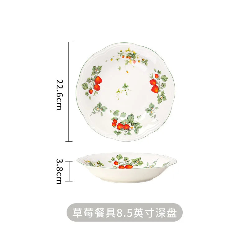 Retro Strawberry Dinner Plate and Bowl Set Decorative Ceramic Salad Dessert Plate Curry Pasta Dish Crockery Dinnerware Set