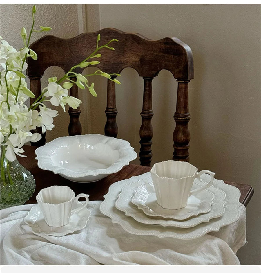 Ceramic Plates Dinner Sets Elegant White Western Food Dishes Steak Paglio Salad Plate Embossed Party Tableware Cup and Saucer