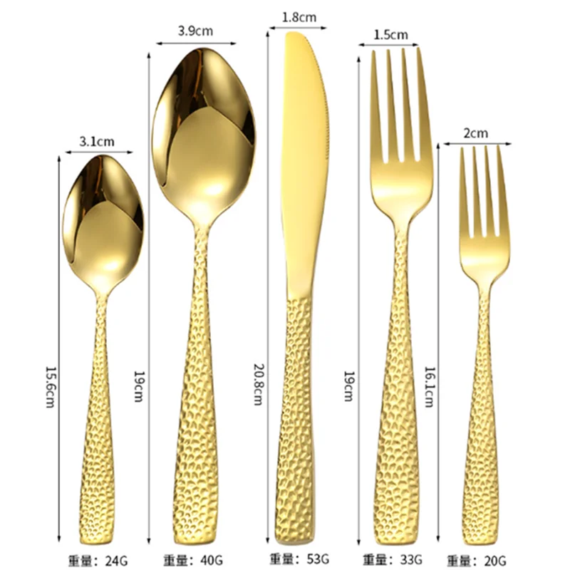 Gold Plated Stainless Steel Cutlery Sets Hotel Decorative Tableware Knife Fork Spoon Tespoon Hammered Utensils for Kitchen