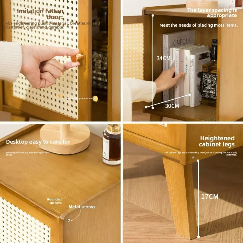 Solid wood bedside table Small apartment sofa side cabinet Rattan edge few storage locker corner few small cabinets