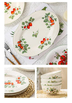 Retro Strawberry Dinner Plate and Bowl Set Decorative Ceramic Salad Dessert Plate Curry Pasta Dish Crockery Dinnerware Set