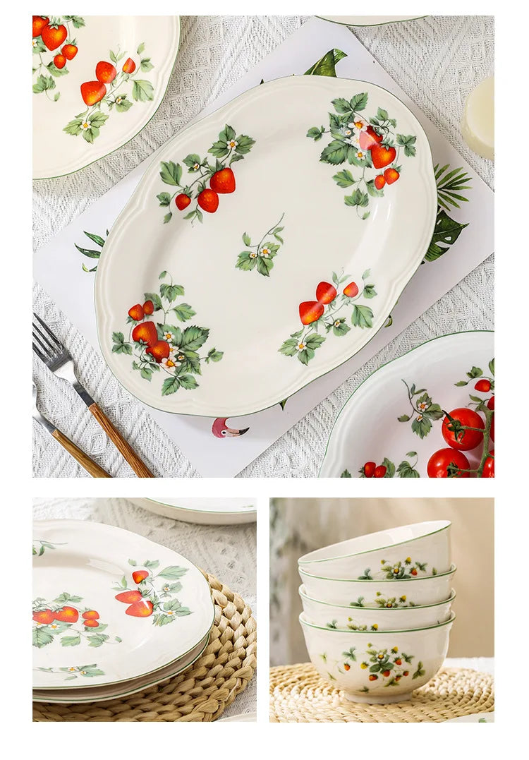 Retro Strawberry Dinner Plate and Bowl Set Decorative Ceramic Salad Dessert Plate Curry Pasta Dish Crockery Dinnerware Set