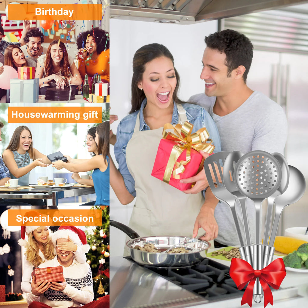 5Pcs Kitchen Cooking Utensils Set Durable Stainless Steel Cooking Tools Washable Spoons Spatula Utensils Kitchen Gadgets Tools