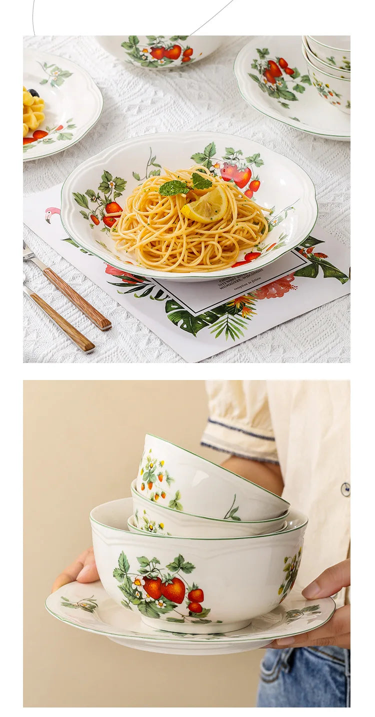 Retro Strawberry Dinner Plate and Bowl Set Decorative Ceramic Salad Dessert Plate Curry Pasta Dish Crockery Dinnerware Set