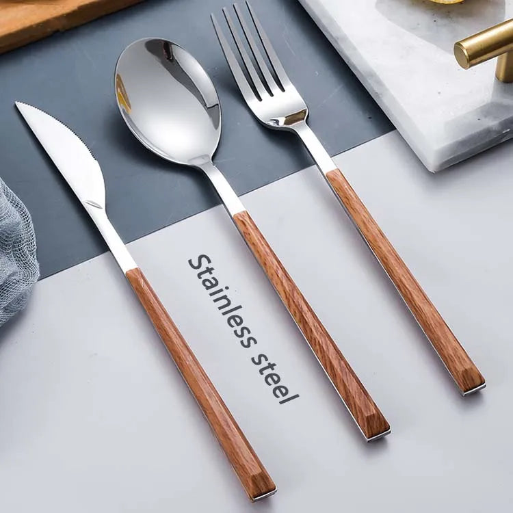 Stainless steel dinnerware sets steak knife/fork/spoon with wooden handle tableware cutlury set kichen accessories
