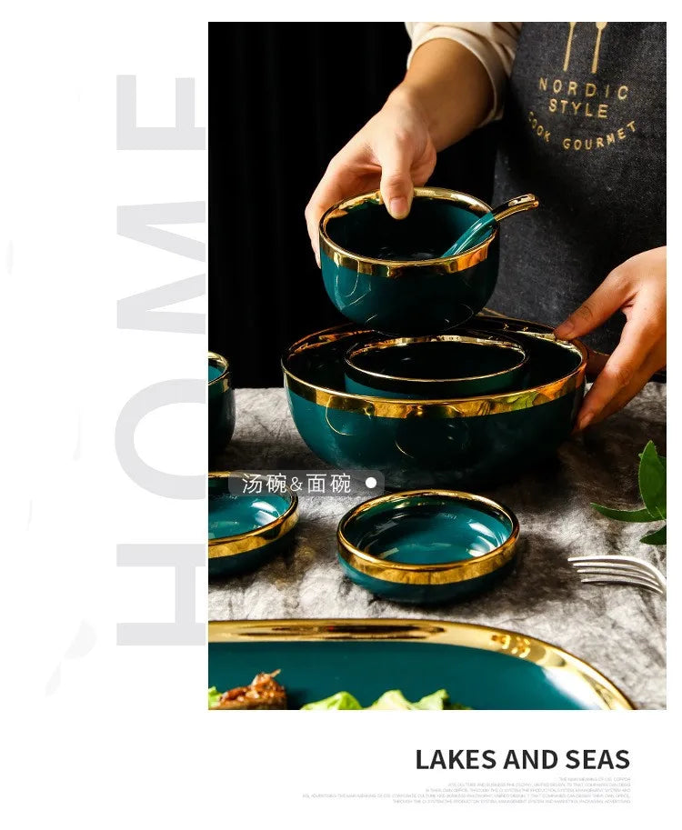 Luxury Forest Green Ceramic Dinnerware Set Include Shallow Plates Rice Soup Bowls Fish Dish And Spoon