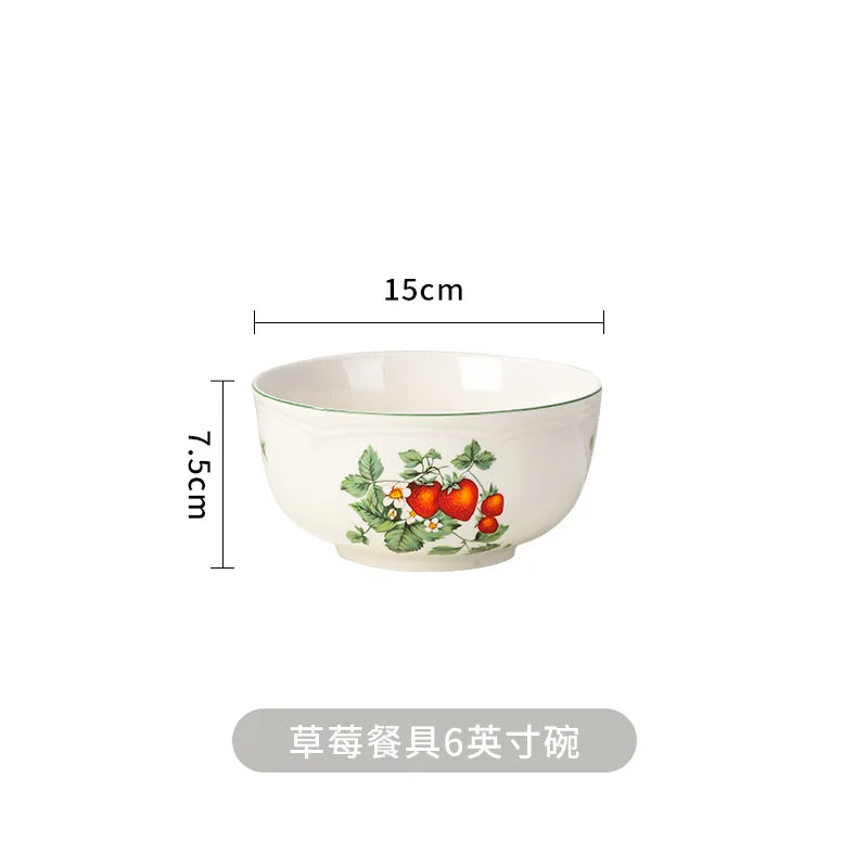 Retro Strawberry Dinner Plate and Bowl Set Decorative Ceramic Salad Dessert Plate Curry Pasta Dish Crockery Dinnerware Set
