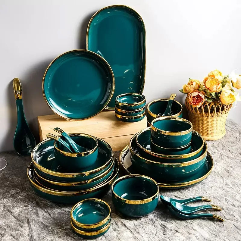 Luxury Forest Green Ceramic Dinnerware Set Include Shallow Plates Rice Soup Bowls Fish Dish And Spoon