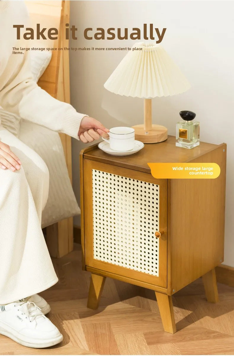 Solid wood bedside table Small apartment sofa side cabinet Rattan edge few storage locker corner few small cabinets
