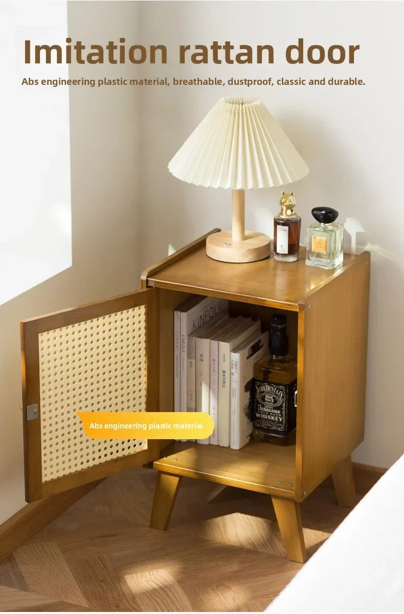 Solid wood bedside table Small apartment sofa side cabinet Rattan edge few storage locker corner few small cabinets