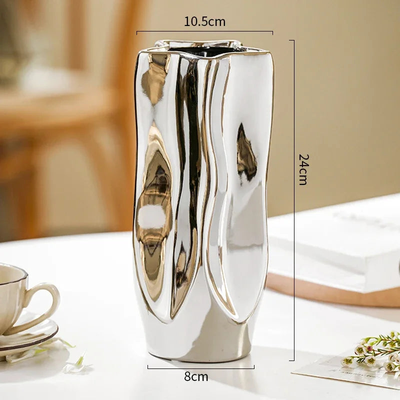 Ceramic Vase Flower Luxury Electroplated Silver Arrangement Irregular Porcelain Hydroponic Vase Ornament Interior Art Decoration