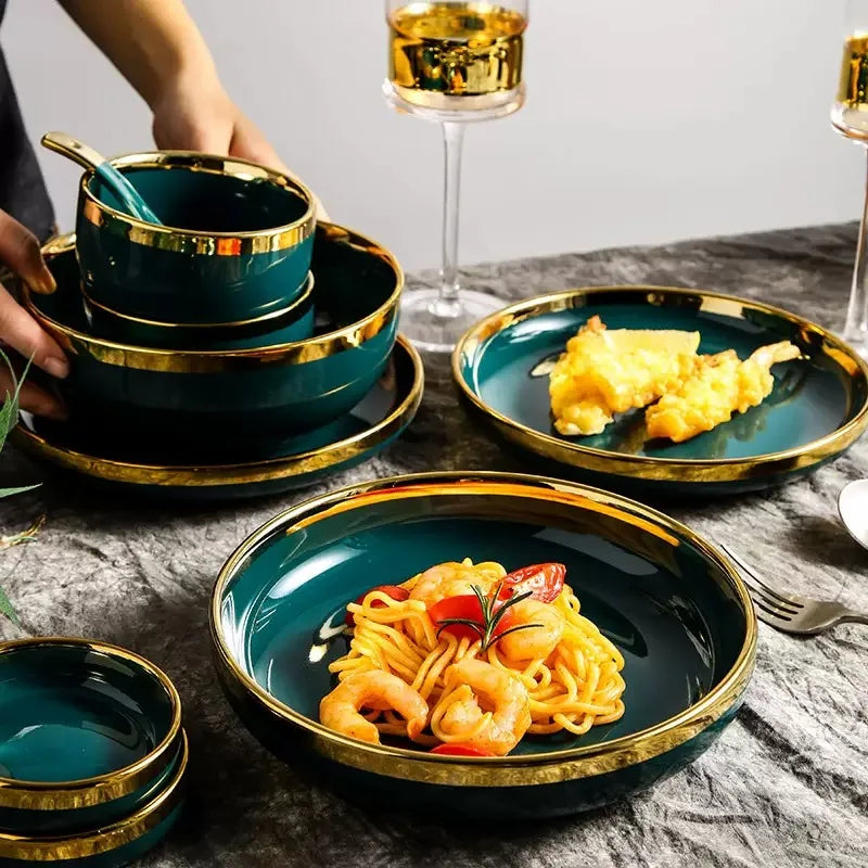 Luxury Forest Green Ceramic Dinnerware Set Include Shallow Plates Rice Soup Bowls Fish Dish And Spoon