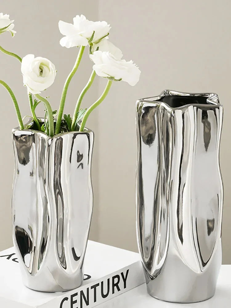 Ceramic Vase Flower Luxury Electroplated Silver Arrangement Irregular Porcelain Hydroponic Vase Ornament Interior Art Decoration
