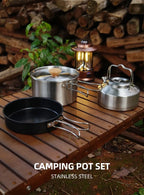 Camping Cookware Stainless Steel Set Outdoor Hiking Portable Picnic Tableware Kit Pot Frying Pan Kettle Set For Outdoor Cooking