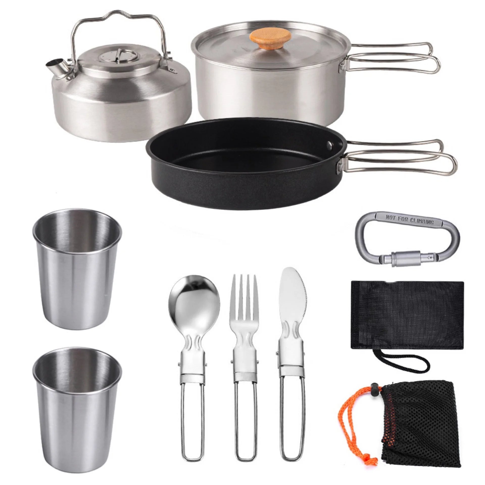 Camping Cookware Stainless Steel Set Outdoor Hiking Portable Picnic Tableware Kit Pot Frying Pan Kettle Set For Outdoor Cooking