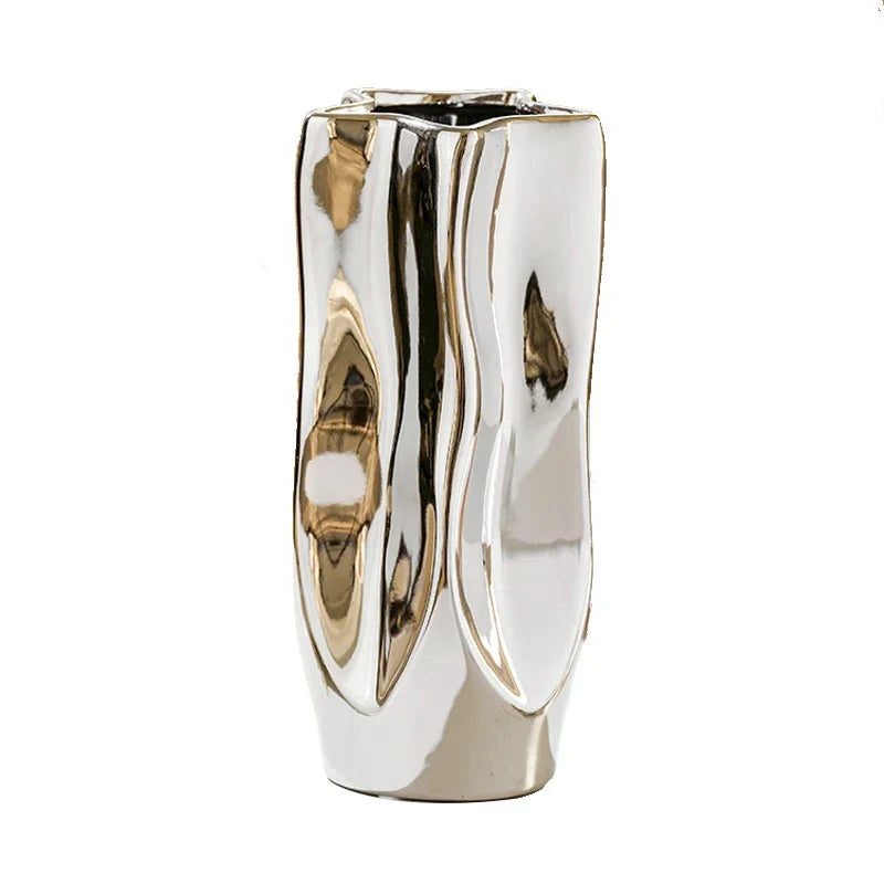 Ceramic Vase Flower Luxury Electroplated Silver Arrangement Irregular Porcelain Hydroponic Vase Ornament Interior Art Decoration