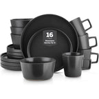 16-piece ceramic tableware set, 4-piece set, black plate and bowl tableware set, dishwasher-cleaned, microwaveable, black matte