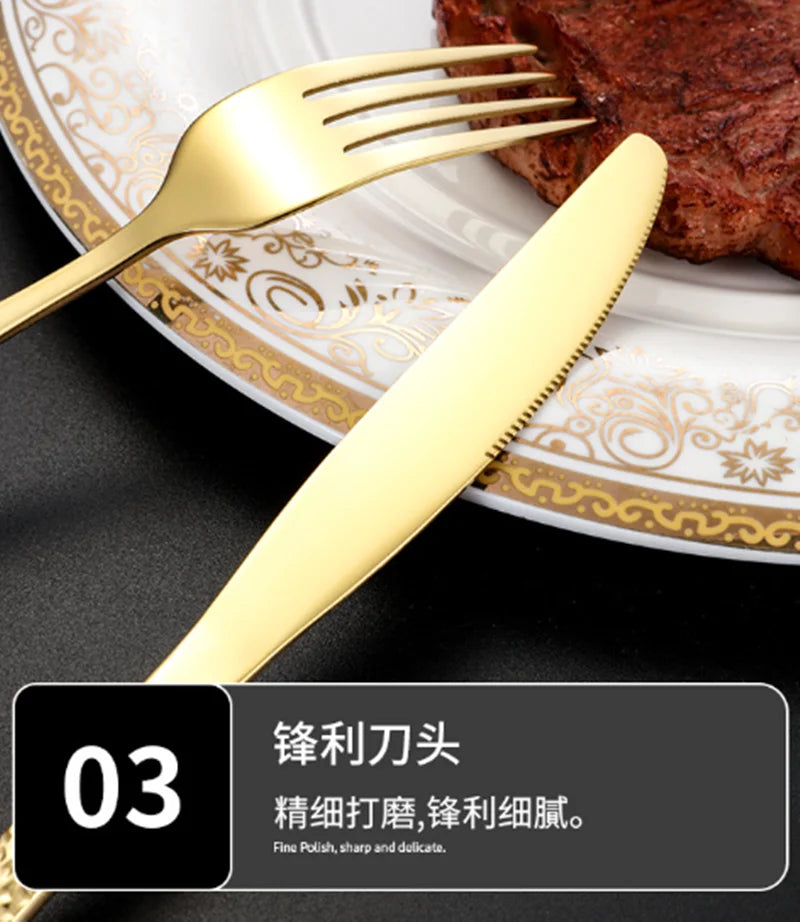 Gold Plated Stainless Steel Cutlery Sets Hotel Decorative Tableware Knife Fork Spoon Tespoon Hammered Utensils for Kitchen