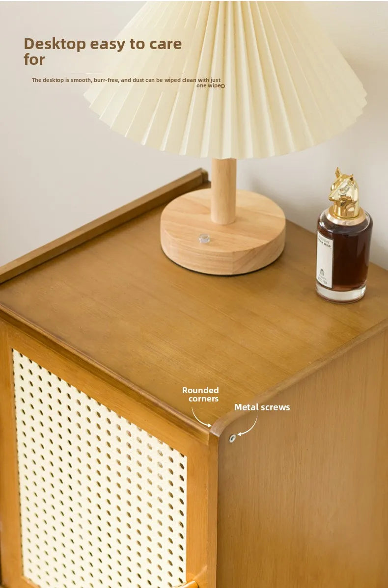 Solid wood bedside table Small apartment sofa side cabinet Rattan edge few storage locker corner few small cabinets