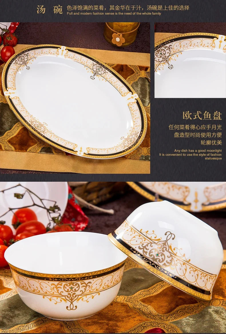 Luxury Ceramic Modern Dinnerware Set Microwaveable Gold Elegant European Style Wedding Dinnerware Party Hotel Vaisselle Gift
