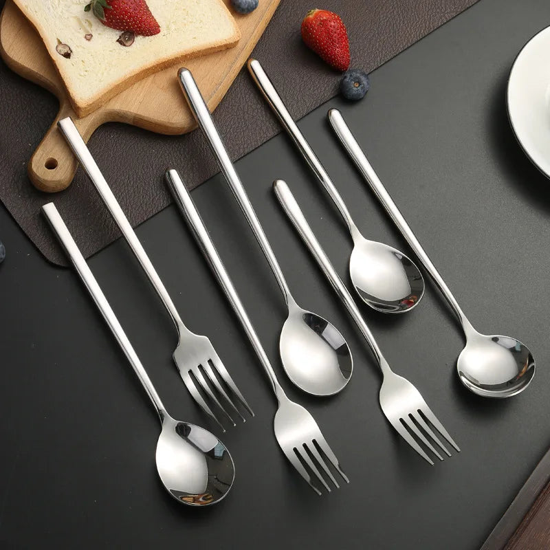 Korean Stainless Steel Cutlery Set Kitchen Long Handle Spoon and Fork Tableware Dessert Coffee Teaspoon Soup Spoons Utensils